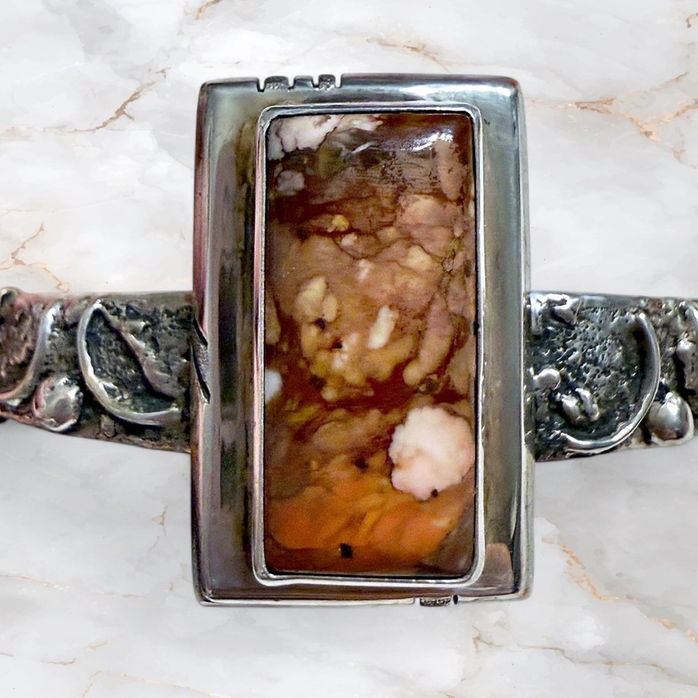 Vintage Navajo Sterling Silver Jasper Cuff Bracelet Signed B Hallmark .925 - Picture 3 of 9